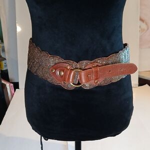 🤎 Brown Leather Silver Beaded Wide Belt Brass Loop Boho Cottagecore Fairycore
